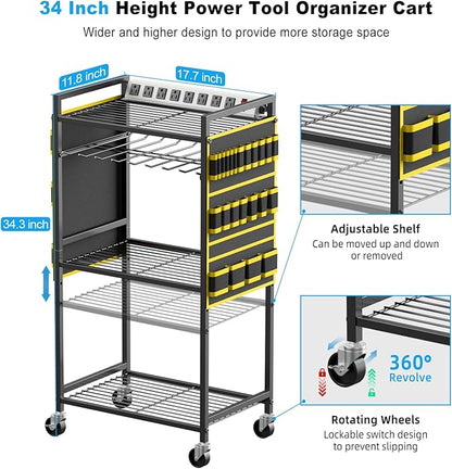 JUNNUJ Large Power Tool Organizer Cart with Charging Station, Garage Floor Standing Rolling Drill and Tools Battery Storage Cart on Wheels, Heavy Duty Rack Shelf with 8 Outlet Power Strip, Yellow