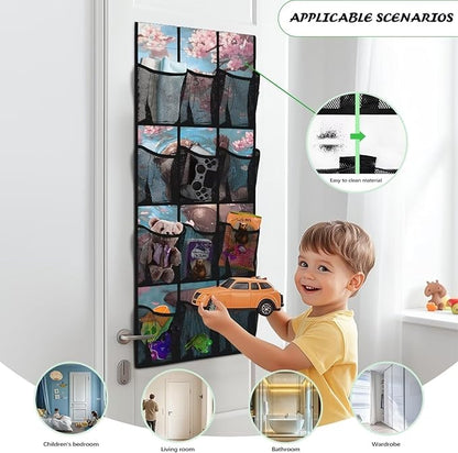 Over The Door Shoe Organizer Cherry Blossom Sloth Hanging Shoe Rack for Closet with 12 Large Mesh Pockets Washable Reusable Door Hanging Storage Bag for Small Spaces