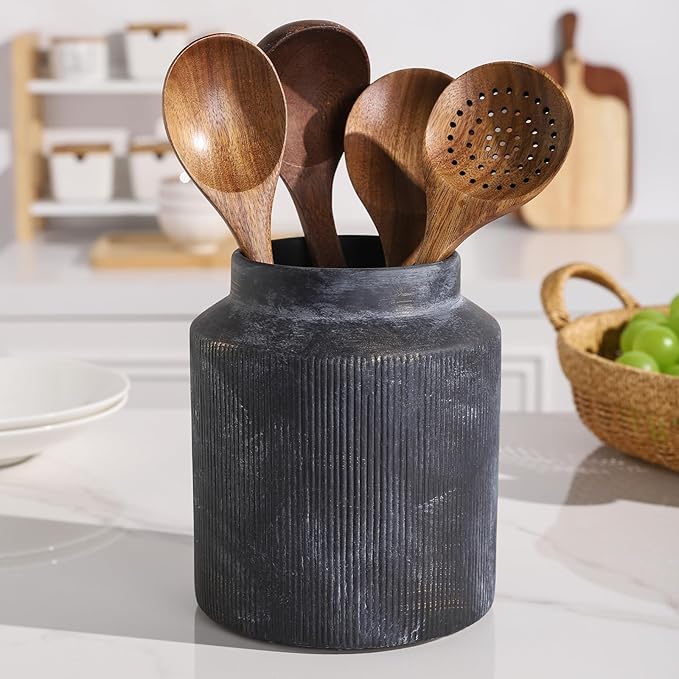 Farmhouse Ceramic Farmhouse Kitchen Utensil Holder for Countertop, Rustic Cooking Utensil Holder Crock Fit for Kitchen Counter. Bronze 6.1 x 6.1 x 7 IN