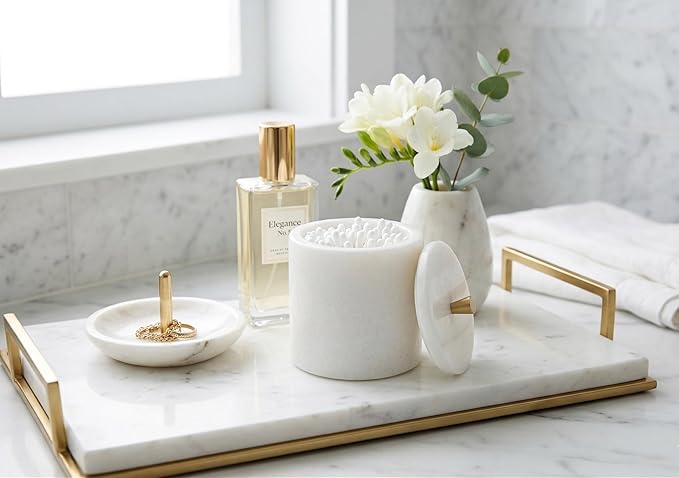Real White Marble Qtip Holder with Lid and Copper Knob – Round Cotton Swab Container for Bathroom Vanity – Natural Stone Organizer with Rubber Feet – 4.3" Dia x 5.3" H (11 x 13.5 cm), 3.3 lbs