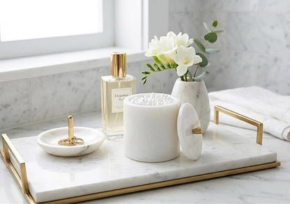 Real White Marble Qtip Holder with Lid and Copper Knob – Round Cotton Swab Container for Bathroom Vanity – Natural Stone Organizer with Rubber Feet – 4.3" Dia x 5.3" H (11 x 13.5 cm), 3.3 lbs