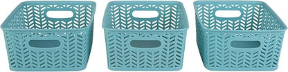 Simplify 3 Pack Small Herringbone Storage Basket, Dimensions: 10"x8"x4", Herringbone Design, Light Weight, Great for Bathroom, Kitchen, Office, Closet, 2 Open Handles, Dusty Blue