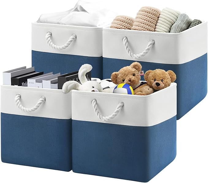 Patvingot 13x13x13 Cube Storage Bins,4 Pack Large Foldable Fabric Storage Cubes with Handles for Organizing Home, Closet, Shelf, Office(White&Blue)