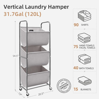 STORAGE MANIAC 120 Liters Vertical Rolling Laundry Hamper, 3 Section Laundry Sorter with Wheels and 2 Breaks, 3-tier Laundry Baskets for Small Space, Dorm, Laundry Room, Closet, Bathroom, Gray 3-tier