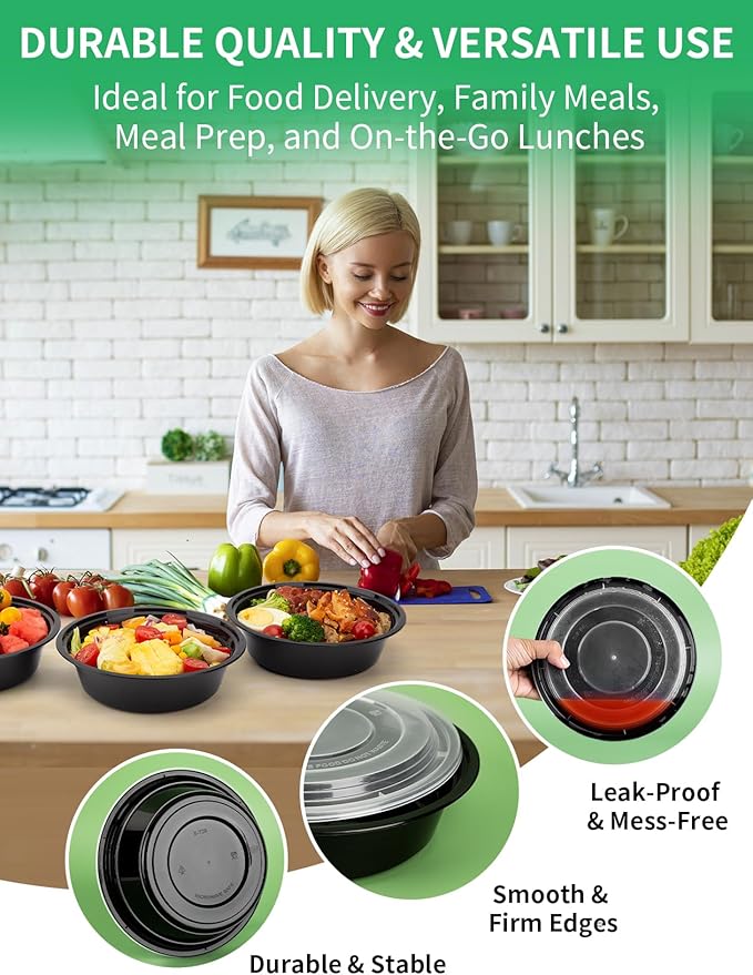 UMT Plastar 32 oz Round Meal Prep Bowls with Lids, 50 Pack BPA-Free To Go Food Containers, Microwave Freezer Dishwasher Safe, Round Food Storage Containers for Meal Prep Takeout