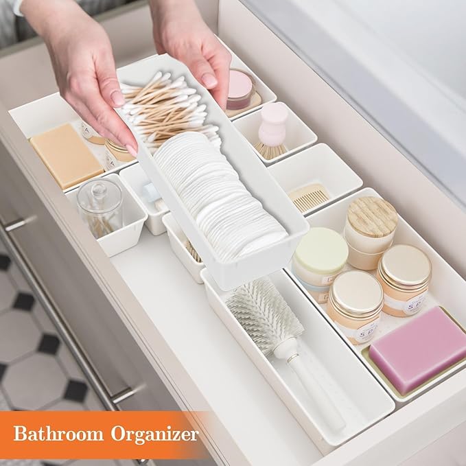 SpaceHacks 25 PCS Plastic Drawer Organizer Set, 4-Size Versatile Organizer Trays & Storage Bins for Makeup, Jewelry, and Gadgets in Bathroom, Bedroom and Office, White