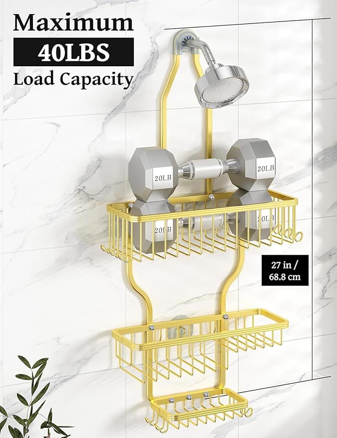 YASONIC Never-Rust Aluminum Hanging Shower Caddy – Over-the-Showerhead Organizer with 10 Hooks for Razor and Sponge – Includes Soap Basket – Gold