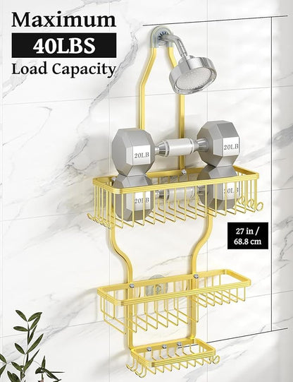 YASONIC Never-Rust Aluminum Hanging Shower Caddy – Over-the-Showerhead Organizer with 10 Hooks for Razor and Sponge – Includes Soap Basket – Gold