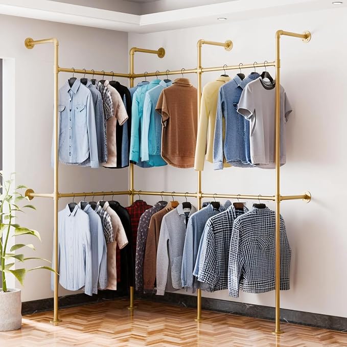 Industrial Pipe Gold Clothes Racks Wall Mounted, Rustic Gold Industrial Pipe Clothing Rack Design - Stylish & Heavy Duty Corner Garment Racks, Perfect for Home or Retail Display