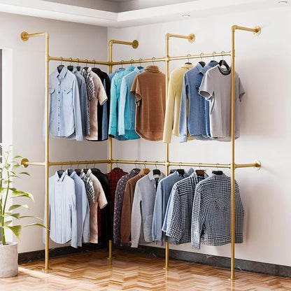 Industrial Pipe Gold Clothes Racks Wall Mounted, Rustic Gold Industrial Pipe Clothing Rack Design - Stylish & Heavy Duty Corner Garment Racks, Perfect for Home or Retail Display