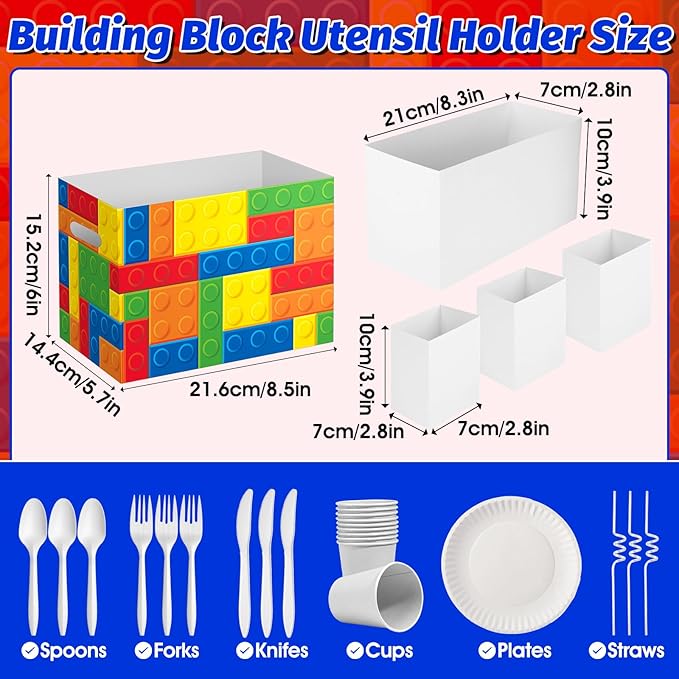 2PCS Building Block Utensil Holder Paper Utensil Caddy for Building Block Party Supplies Disposable Cutlery Holder with Handles Cutlery Caddy for Boys Birthday Party Decorations Colorful Snack Box