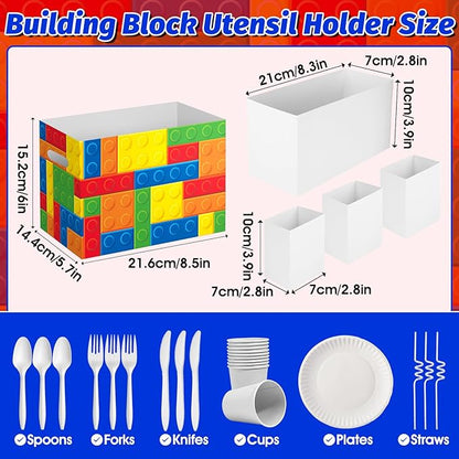 2PCS Building Block Utensil Holder Paper Utensil Caddy for Building Block Party Supplies Disposable Cutlery Holder with Handles Cutlery Caddy for Boys Birthday Party Decorations Colorful Snack Box