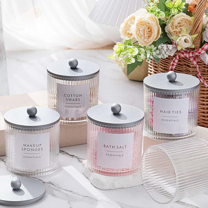 Yaomiao 6 Pcs Ribbed Bathroom Canisters Apothecary Jars with Silver Bamboo Lids and Label Stickers, 18 oz Plastic Canister with Fluted Design for Cotton Ball, Swab, Floss Picks House Storage
