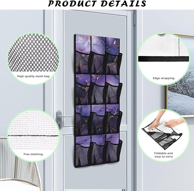 Violet Door Hanger Organizer Mesh Pockets Behind The Door Organizer for School Supplies Storage Marble Shoe Holder Hanger with Hook Design 12 Pockets Wall Hanging Storage