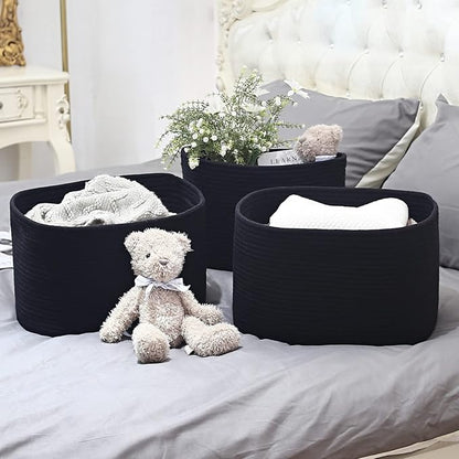 ECDYQXVU Cotton Rope Storage Basket, 15x10x9 Inches, Woven Basket for Shelves, Clothes, Towels, Books, and Laundry, Black (2 Pack)