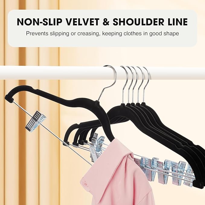 24-Pack Black Velvet Hangers with Clips Adjustable,Adult Hangers,Heavy-Duty,Felt,Non-Slip,Space Saving,Slim Outfit Hanger for Pants, Skirts, Suits,Coats, Dresses ect.