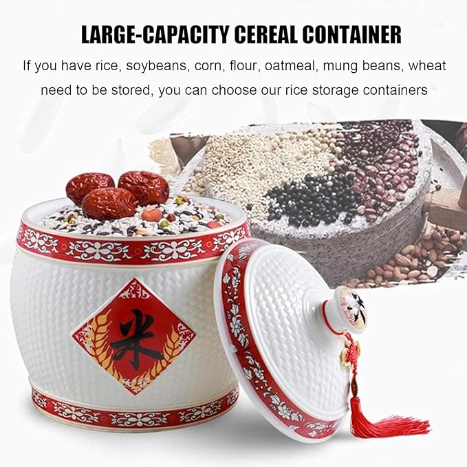 Chinese Ceramic Rice Bucket, Ceramic Rice Cylinder Ceramic Jar with Lid Grain Dispenser, Large Grain Dispenser, Food Storage Container with Lid, Sealed Rice Storage Jar for Noodles Rice Snacks