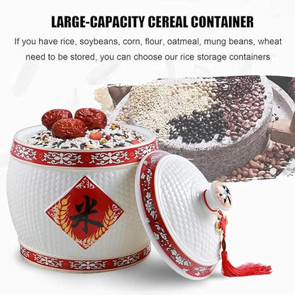 Chinese Ceramic Rice Bucket, Ceramic Rice Cylinder Ceramic Jar with Lid Grain Dispenser, Large Grain Dispenser, Food Storage Container with Lid, Sealed Rice Storage Jar for Noodles Rice Snacks