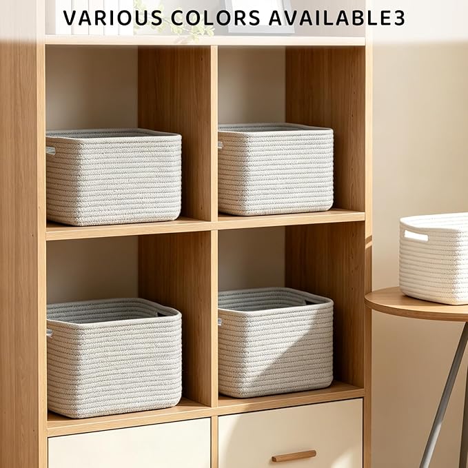 4 Pack Storage Baskets for Organizing, 12''Lx9''Wx8''H Woven Baskets for Storage Toys, Towels, Books, and Clothes, Cotton Rope Basket for Shelves with Handle White & Brown