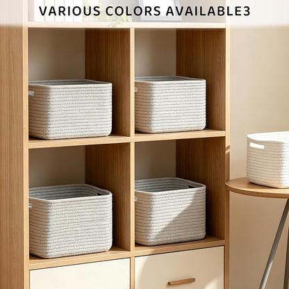 4 Pack Storage Baskets for Organizing, 12''Lx9''Wx8''H Woven Baskets for Storage Toys, Towels, Books, and Clothes, Cotton Rope Basket for Shelves with Handle White & Brown