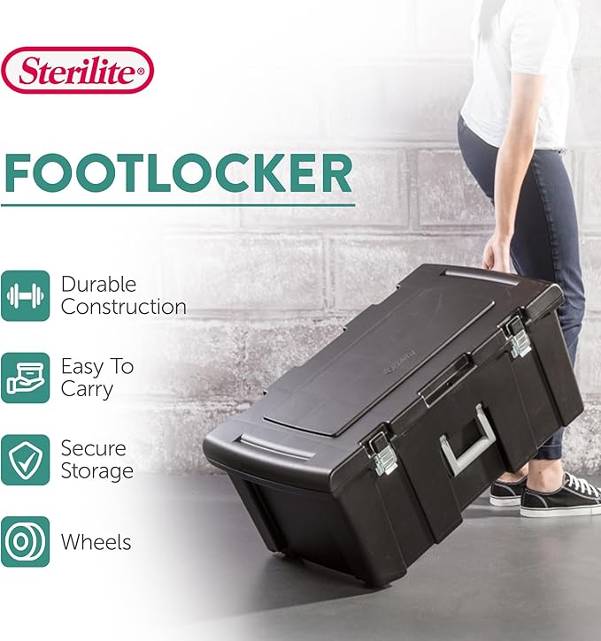 Sterilite 3-Pack Wheeled Footlocker, Lockable Plastic Utility Storage Bins w/Lids, Black - Heavy-Duty Organizing Containers for Home, Office, Garage, and Basement