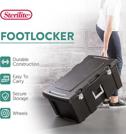 Sterilite 3-Pack Wheeled Footlocker, Lockable Plastic Utility Storage Bins w/Lids, Black - Heavy-Duty Organizing Containers for Home, Office, Garage, and Basement