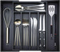 Expandable Large Kitchen Silverware Drawer Organizers Tray Bamboo Utensil Organizer Adjustable Cutlery Tray Black Wooden Flatware Organizers Divider Cooking Utensil Holder Drawer Fork Spoon Organizer