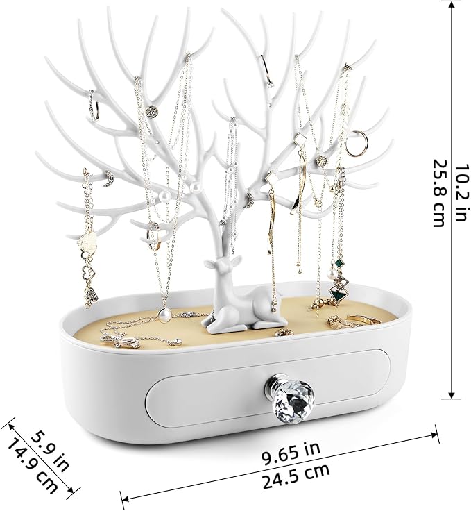 MORE&LESS Antlers Jewelry Display Stand with Drawer and Crystal Handle, Tree Tower Rack Hanging Organizer for Ring Earrings Necklace Bracelet