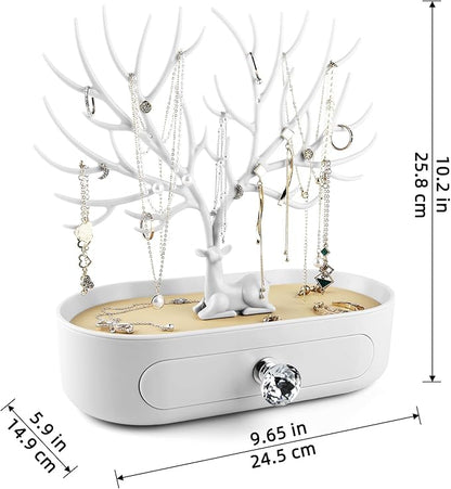MORE&LESS Antlers Jewelry Display Stand with Drawer and Crystal Handle, Tree Tower Rack Hanging Organizer for Ring Earrings Necklace Bracelet