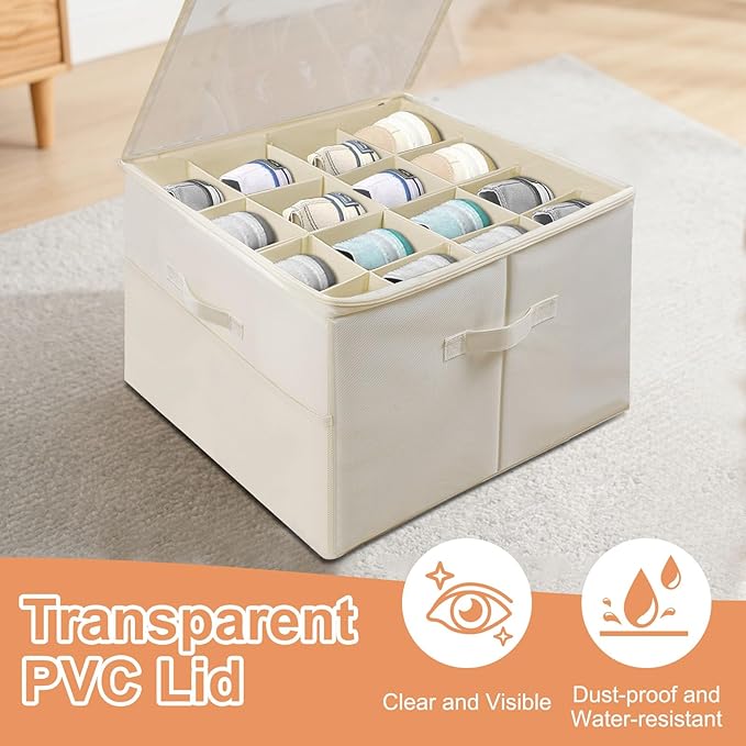 Shoe Organizer for Closet, Foldable Shoe Storage Containers with Clear Cover, Reinforced Handles Fits 8-16 Pairs, Space Saving Stackable Design for Sneakers Sandals Slippers (White)