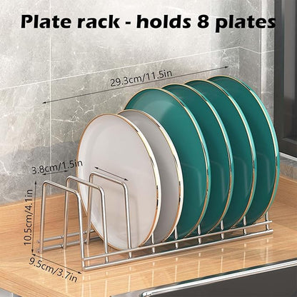 JEPELUS 4 Pack Plate and Bowl Organizer for Cabinet with 2 Absorbent Cloths, Stainless Steel Cutting Board Organizer, 8 Slots Upright Bowl Storage Rack Dish Drying Racks for Pot Lids Plates Bakeware
