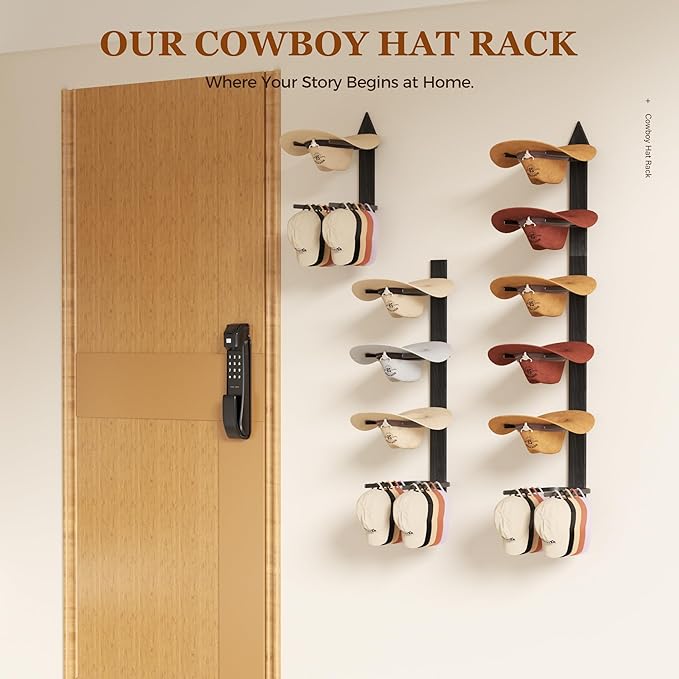 Cowboy Hat Rack for Wall, Cowboy Hat Holder Wall Mount Holds up to 6 Hats, Wooden Western Rustic Metal Hat-Organizer with Arrow Sign Board, Display and Decor Rack for Fedora, Sun Hats,Baseball Caps