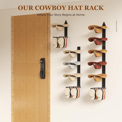 Cowboy Hat Rack for Wall, Cowboy Hat Holder Wall Mount Holds up to 6 Hats, Wooden Western Rustic Metal Hat-Organizer with Arrow Sign Board, Display and Decor Rack for Fedora, Sun Hats,Baseball Caps