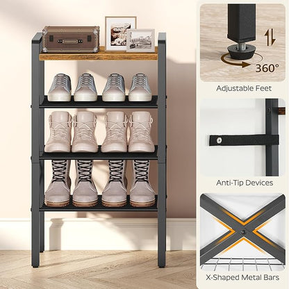 YATINEY 4-Tier Narrow Shoe Rack, Tall Shoe Rack for 4-8 Pairs, Slim Shoe Storage Organizer with Wooden Top, Space Saving, Metal Frame, for Entryway, Rustic Brown and Black SS64BR