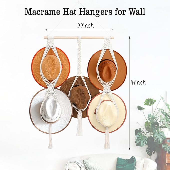 Macrame Hat Hangers 5 Hats Can Be Hung Bohemian Hat Holder Hat Organizer 100% Natural Cotton Can Be Used For Cowboy Hats, Wide-Brimmed Hats, Etc Room Decoration Gifts