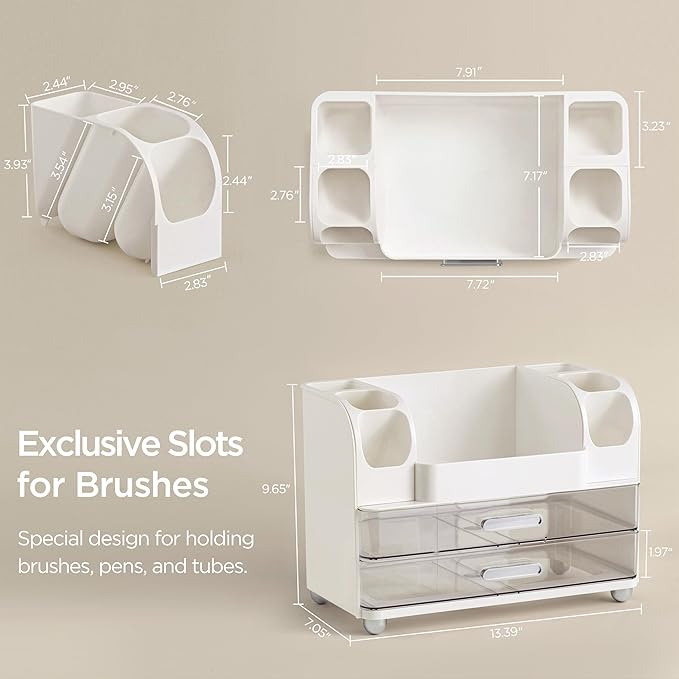 HBlife Makeup Organizer for Vanity with Brush Holder, Large Bathroom Countertop Cosmetic Organizer Skin Care Storage, Easy to Store Lipsticks, Nail Polishes, Perfumes, Eyeshadow Palettes, White