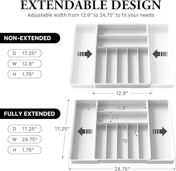 Simple Houseware Expandable & Adjustable Cutlery Drawer Organizer - Large Utensil and Flatware Tray for Kitchen Drawers, White