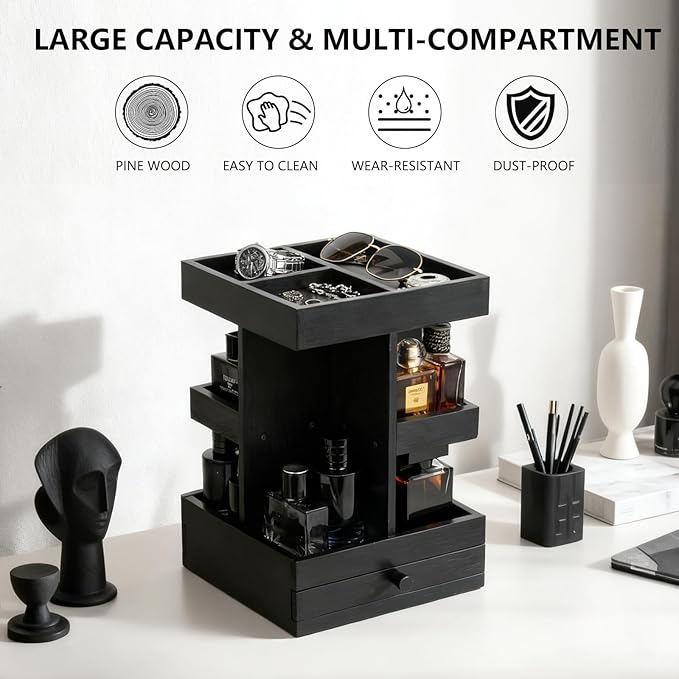 Rotating Cologne Organizer for Men – Black Wooden Perfume Stand with Dual Drawers, Multi-Tier Fragrance Display & Jewelry Storage for Dresser or Bathroom