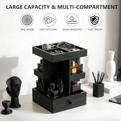 Rotating Cologne Organizer for Men – Black Wooden Perfume Stand with Dual Drawers, Multi-Tier Fragrance Display & Jewelry Storage for Dresser or Bathroom