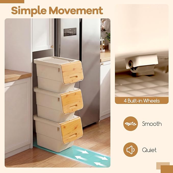 Giantex Plastic Stackable Storage Bins with Lids & Wheels, 3 Pack Open Front Stacking Bins, Organizer Bins for Pantry, Kitchen, Laundry, Closet, Playroom, Bedroom Organization (12.5 QT)