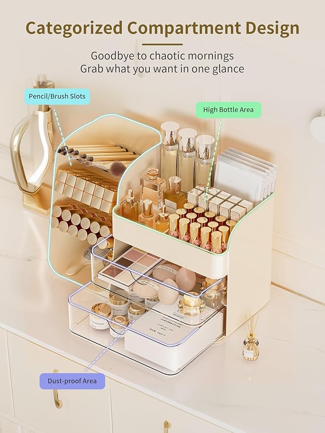 Booklov Makeup Organizer for Vanity, Countertop Cosmetic Display Case with Clear Acrylic Drawers, Bathroom Counter Beauty Caddy, Cute Table Storage Holder for Skincare, Brush Lipsticks, Crystal Creem