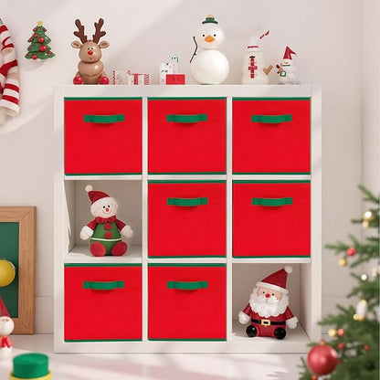 STORAGE MANIAC Storage Cubes, 11 Inch Durable 6 Pack Storage Shelf Basket for Christmas, Fabric Foldable Collapsible Bins with Handles for Organization, Closet, Shelves, Offices, Toys, Red