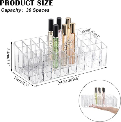 ELLDOO Rollerball Perfume Organizer, 36 Spaces Clear Acrylic Perfume Storage Holder Beauty Scent Holder, Makeup Lipgloss Lipstick Display Case