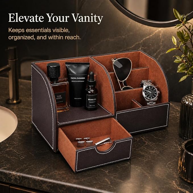 KINGFOM Cologne Organizer for Men, PU Leather Dresser Organizer with Drawer, Countertop Cologne Holder for Watch, Wallet, Keys, Sunglasses, Bathroom Bedroom Nightstand Organizer, Gifts for Men Brown