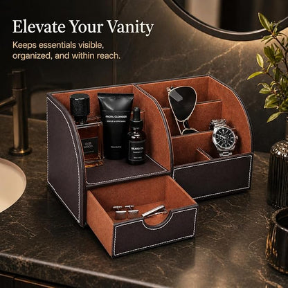 KINGFOM Cologne Organizer for Men, PU Leather Dresser Organizer with Drawer, Countertop Cologne Holder for Watch, Wallet, Keys, Sunglasses, Bathroom Bedroom Nightstand Organizer, Gifts for Men Brown