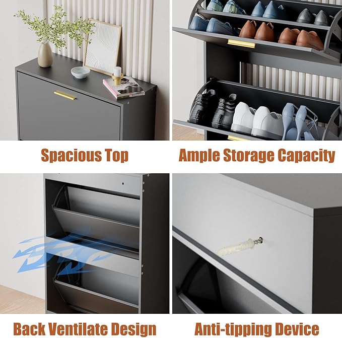 JOZZBY Shoe Cabinet for Entryway, Narrow Shoe Storage Cabinet with 2 Flip Drawers, Wooden Hidden Shoe Rack Organizer with 2 Tier Freestanding for Hallway, Living Room, Set of 2, Black