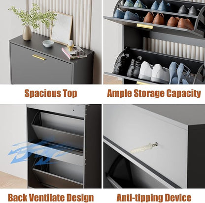JOZZBY Shoe Cabinet for Entryway, Narrow Shoe Storage Cabinet with 2 Flip Drawers, Wooden Hidden Shoe Rack Organizer with 2 Tier Freestanding for Hallway, Living Room, Set of 2, Black