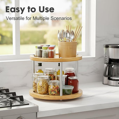 2 Tier Lazy Susan Organizer,Revolving Spice Rack,10 inch Wood Lazy Susan Turntable for Cabinet, Shelf, Countertop, or Table