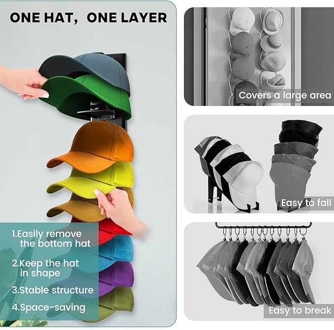 2Pack Upgraded Contour Fit Lock Hat Organizer for Baseball Cap,Hat Rack Strong Adhesive Hat Hangers for Wall Hold Up to 20 Hats,Multi-layer Hat Storage Display for Closet,Door Bedroom-Black