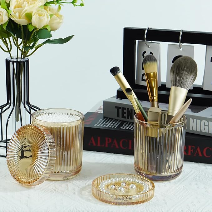 2 Pack Glass Container Qtip Holder with Lid,Mouthwash Cup,Cosmetic Storage for Bathroom,Glass Jars for Cotton Swabs,Makeup Pads,Dental Flossers,Jewelry Trays,Glass holders,Amber